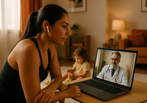 Mulher em consulta de telemedicina com médico no laptop